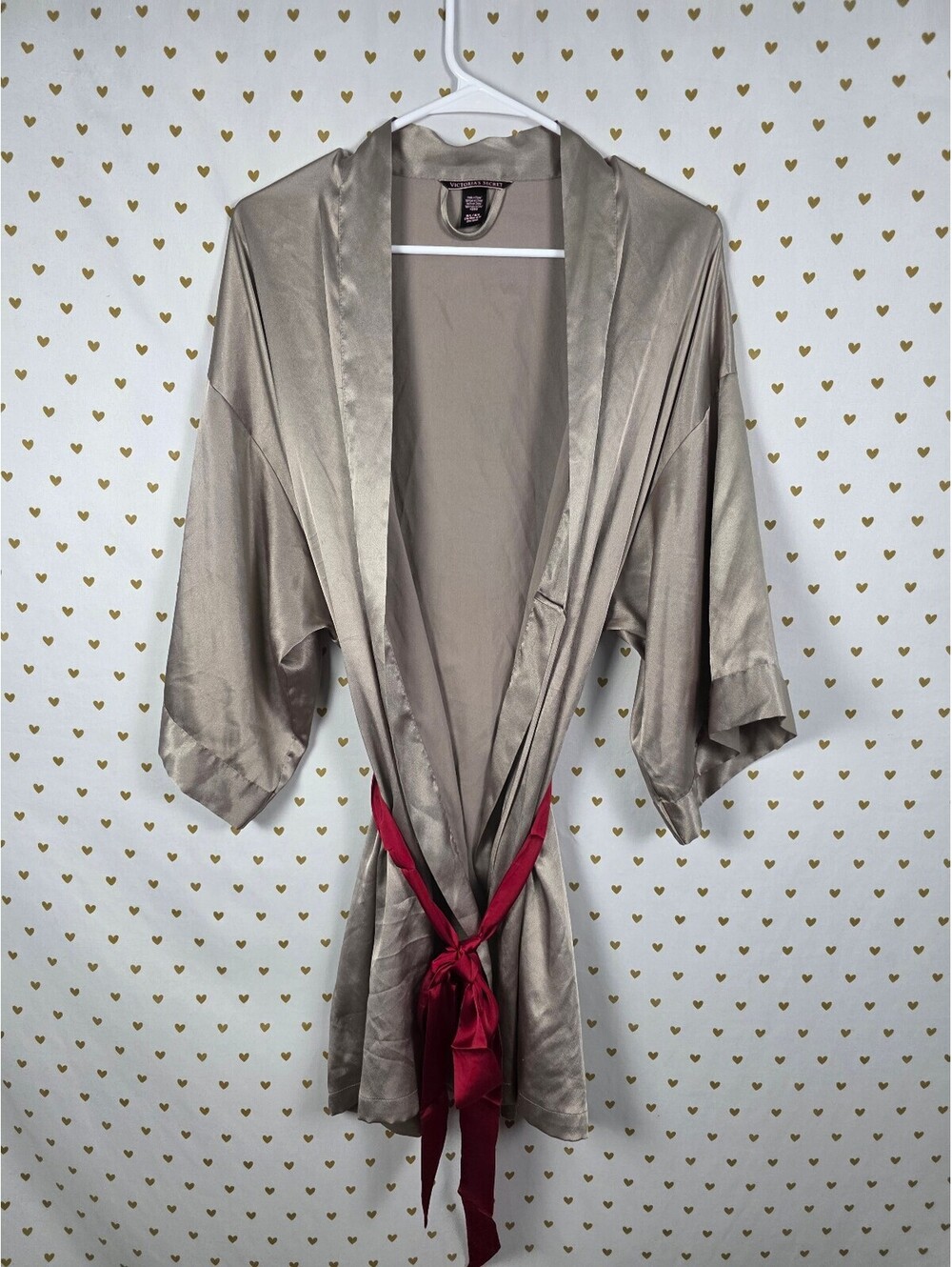 Victoria's Secret Satin Kimono Robe M/L Taupe Gray Burgundy Sash Short